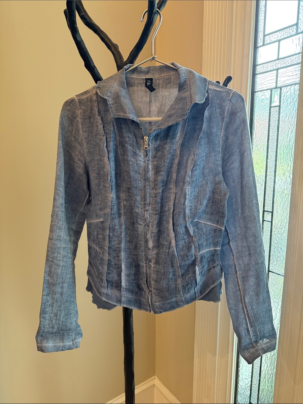 Women's Light Blue Linen Zip-Front Blazer Jacket